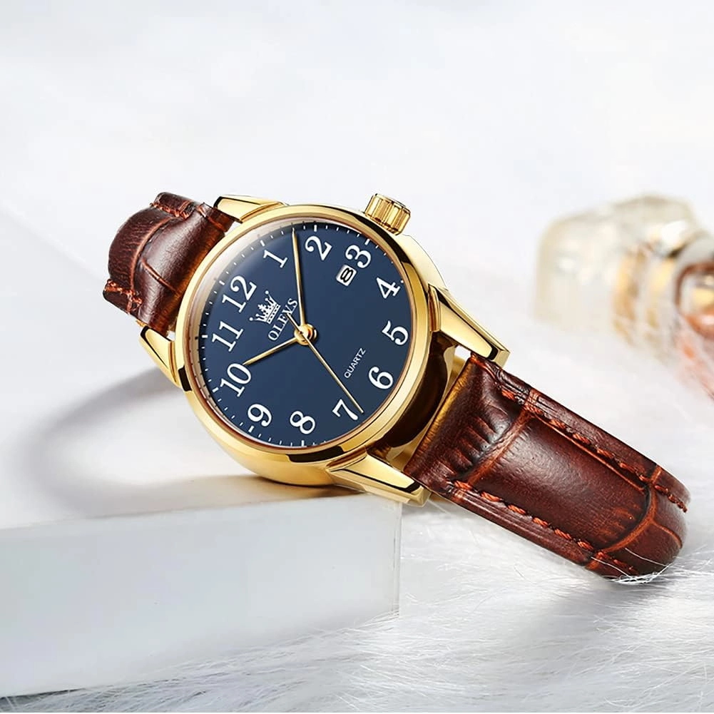 OLEVS Women's Business Dress Watches for Ladies Female Brown Leather Strap Small Face Dress Analog Quartz Wrist Watch with Calendar Day Date Waterproof Luminous Gift Classic Casual Retro Band
