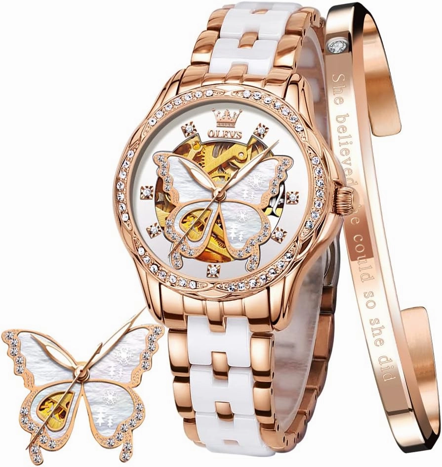 OLEVS Women's Rose Gold Automatic Watches Skeleton Mechanical Self Winding Ladies Elegant Luxury Dress Butterfly Diamond White Ceramic Band Watch Gift