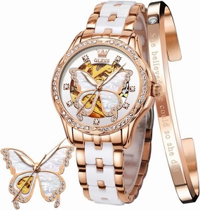 OLEVS Women's Rose Gold Automatic Watches Skeleton Mechanical Self Winding Ladies Elegant Luxury Dress Butterfly Diamond White Ceramic Band Watch Gift
