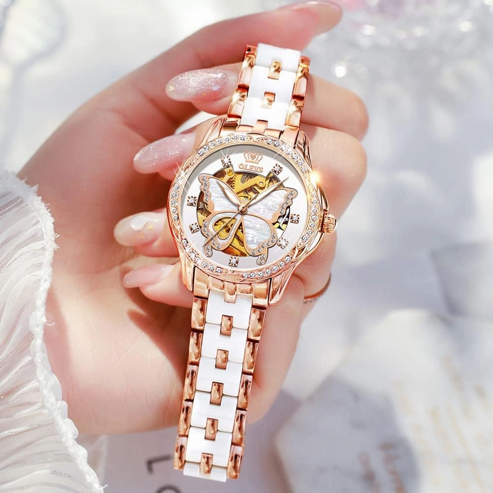 OLEVS Women's Rose Gold Automatic Watches Skeleton Mechanical Self Winding Ladies Elegant Luxury Dress Butterfly Diamond White Ceramic Band Watch Gift
