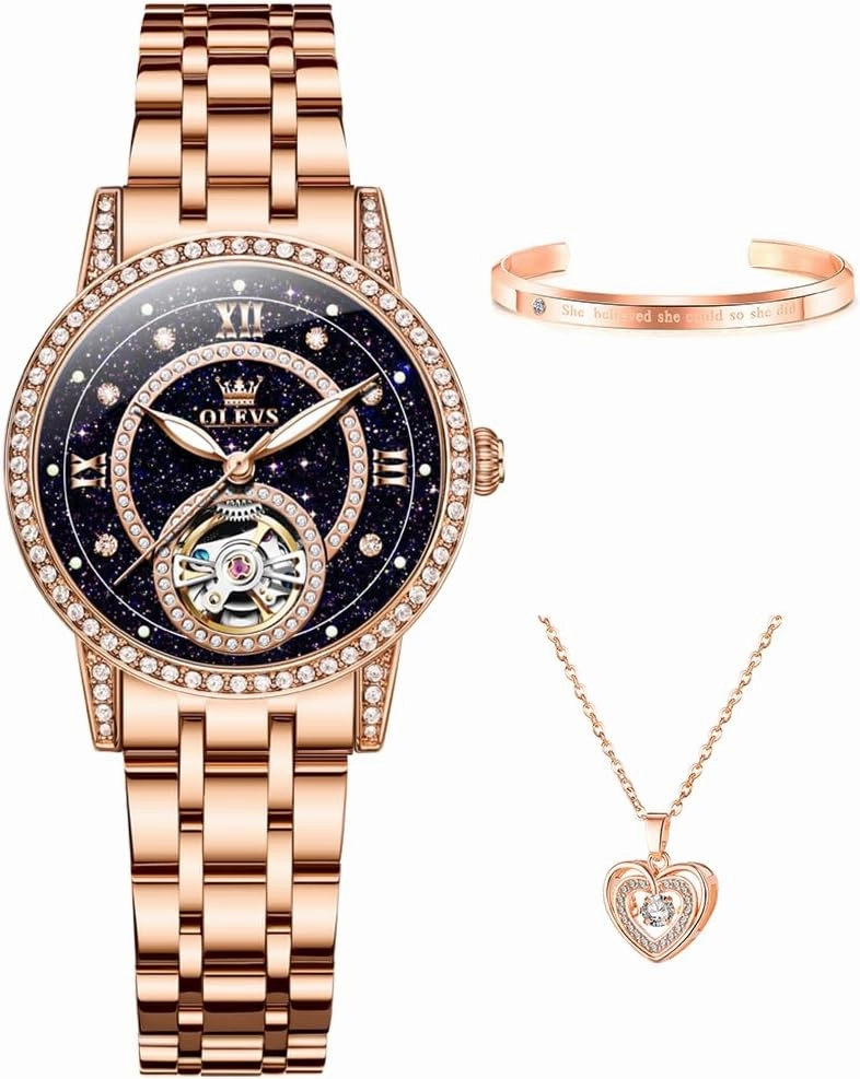 OLEVS Women’s Watch Automatic Diamond Tourbillon Luxury Fashion Stainless Steel Waterproof Luminous Wrist Watches for Ladies Gift Rose Gold/Starry Sky Blue/Silver