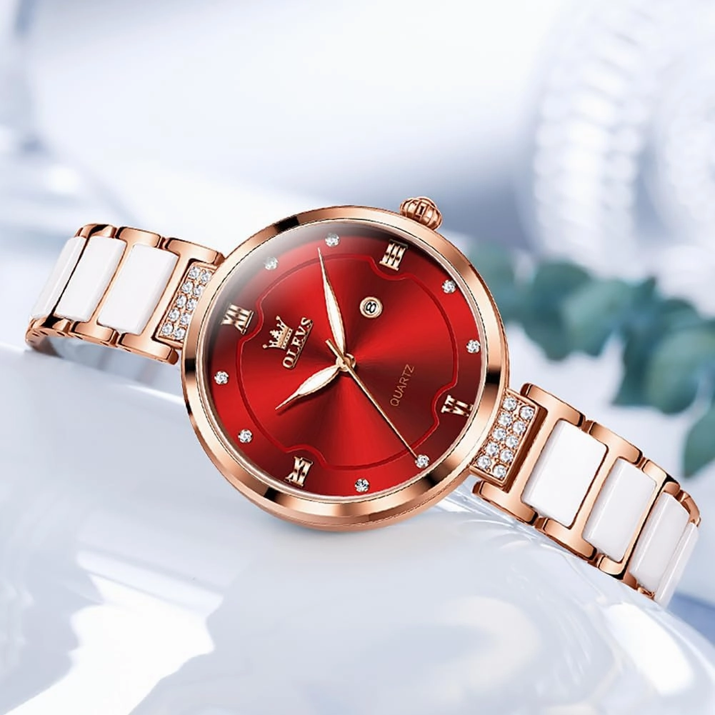 OLEVS Women's Watch Ceramic Strap Luxury Diamond Elegant Waterproof Luminous Date Quartz Formal Bracelet Set