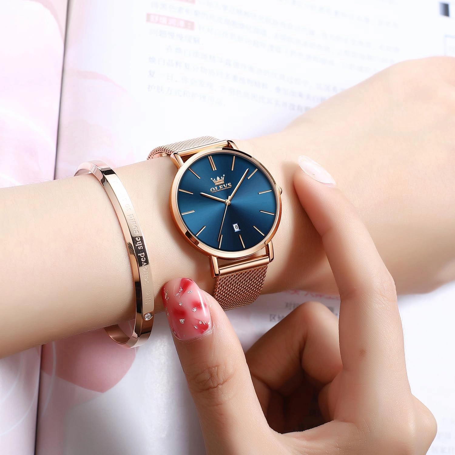 OLEVS Women's Watch Luxury Dress Rose Gold Women Slim Thin Lightweight Watch Stainless Steel Mesh Watches Fashion Waterproof Ladies Wrist Watch Black White Blue Face,Adjustable Bracelet