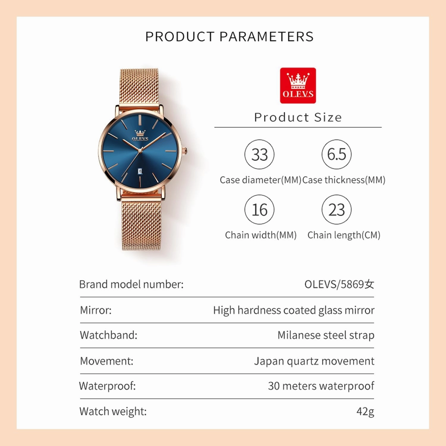 OLEVS Women's Watch Luxury Dress Rose Gold Women Slim Thin Lightweight Watch Stainless Steel Mesh Watches Fashion Waterproof Ladies Wrist Watch Black White Blue Face,Adjustable Bracelet