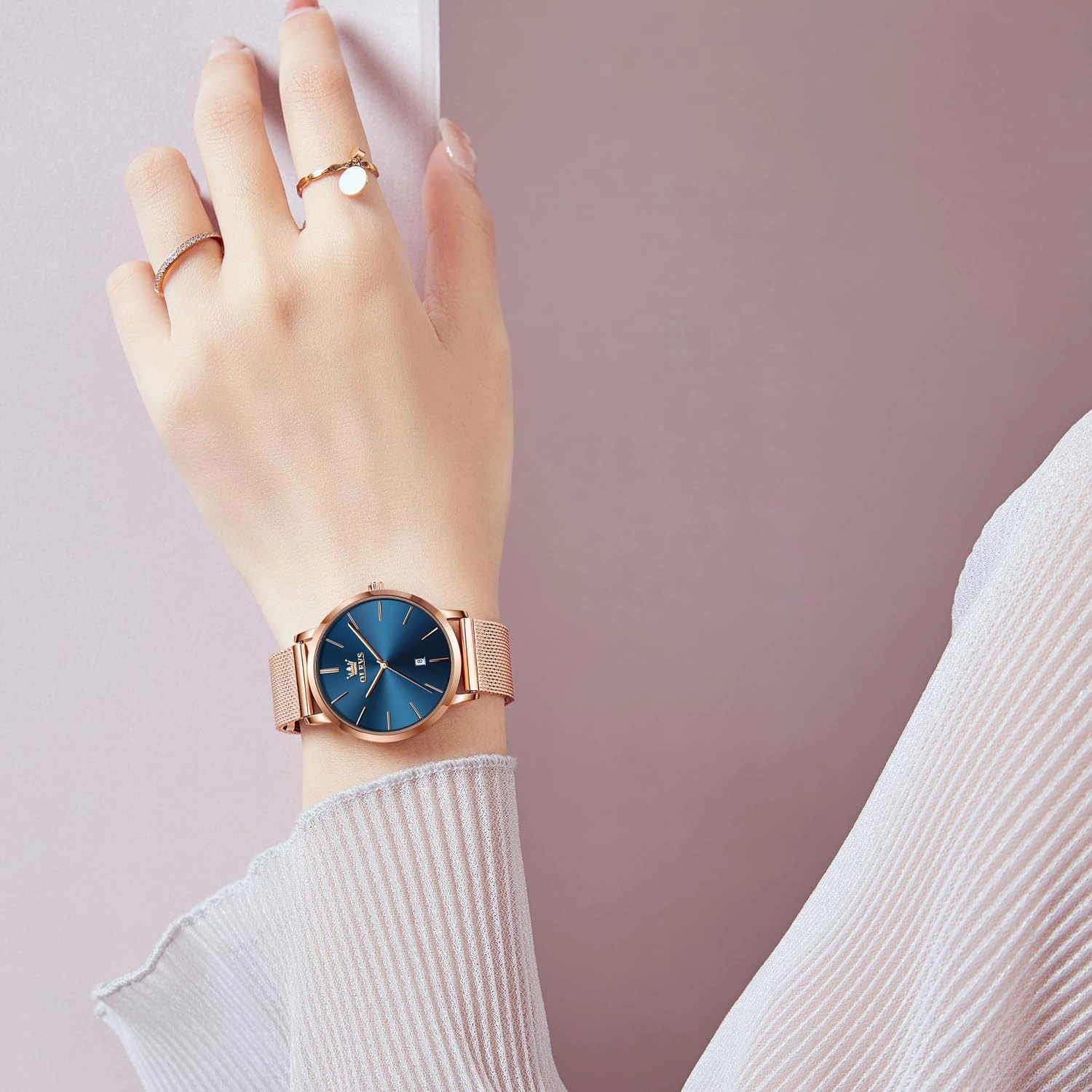 OLEVS Women's Watch Luxury Dress Rose Gold Women Slim Thin Lightweight Watch Stainless Steel Mesh Watches Fashion Waterproof Ladies Wrist Watch Black White Blue Face,Adjustable Bracelet