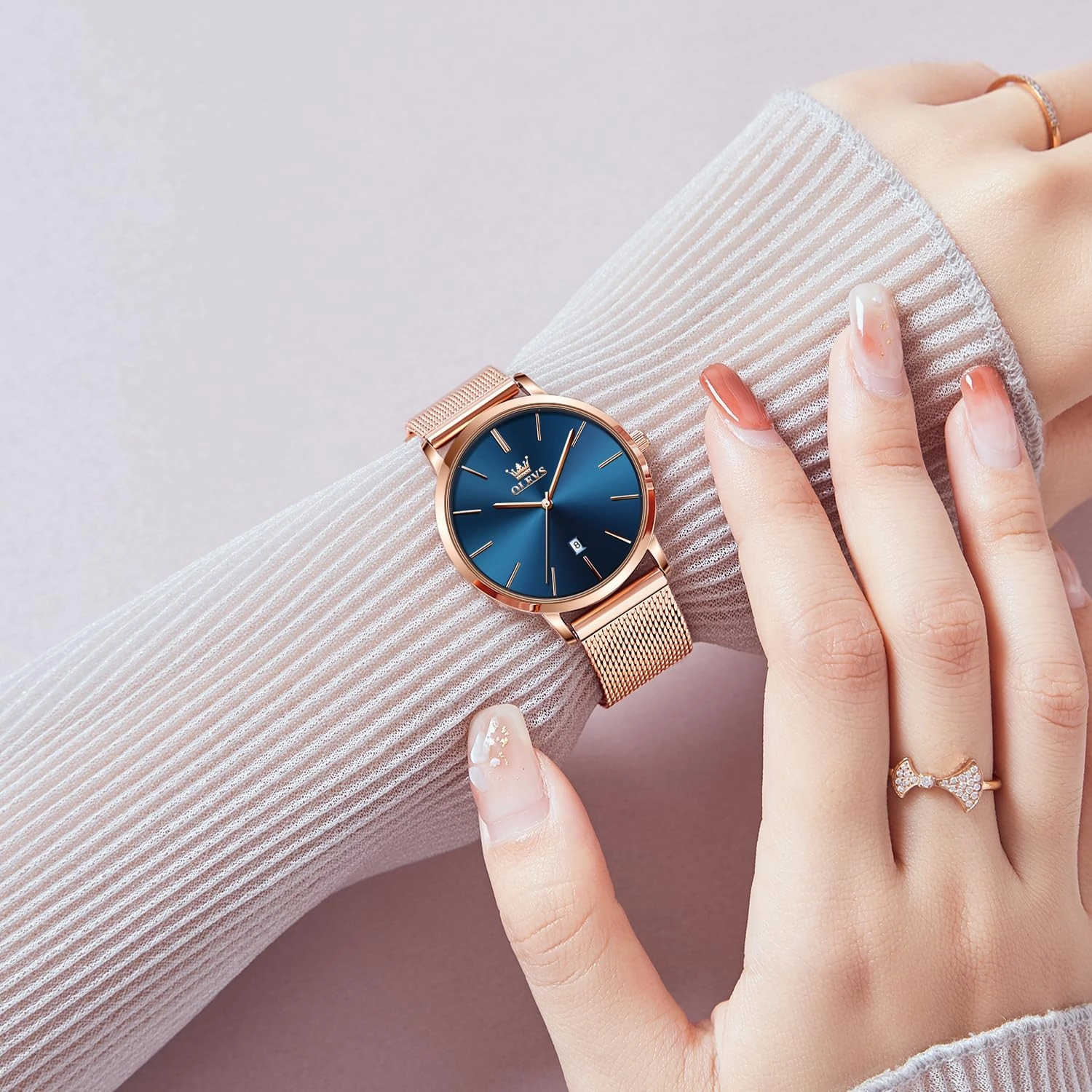 OLEVS Women's Watch Luxury Dress Rose Gold Women Slim Thin Lightweight Watch Stainless Steel Mesh Watches Fashion Waterproof Ladies Wrist Watch Black White Blue Face,Adjustable Bracelet