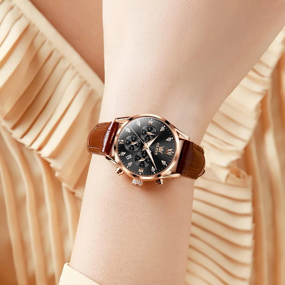 OLEVS Women's Watches Brown Leather Strap Analog Quartz Rose Gold Female Watches Multifunction Chronograph Diamond Waterproof Luminous Ladies
