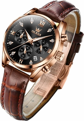 OLEVS Women's Watches Brown Leather Strap Analog Quartz Rose Gold Female Watches Multifunction Chronograph Diamond Waterproof Luminous Ladies
