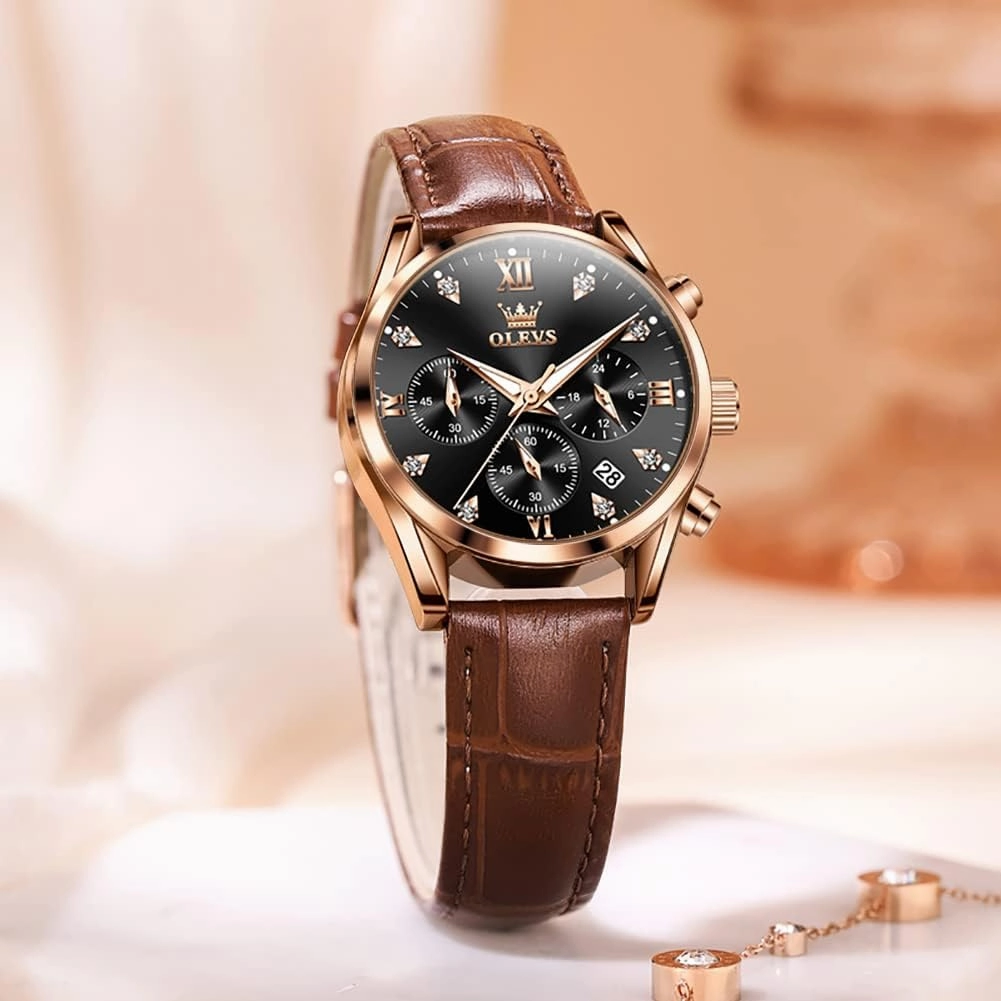 OLEVS Women's Watches Brown Leather Strap Analog Quartz Rose Gold Female Watches Multifunction Chronograph Diamond Waterproof Luminous Ladies