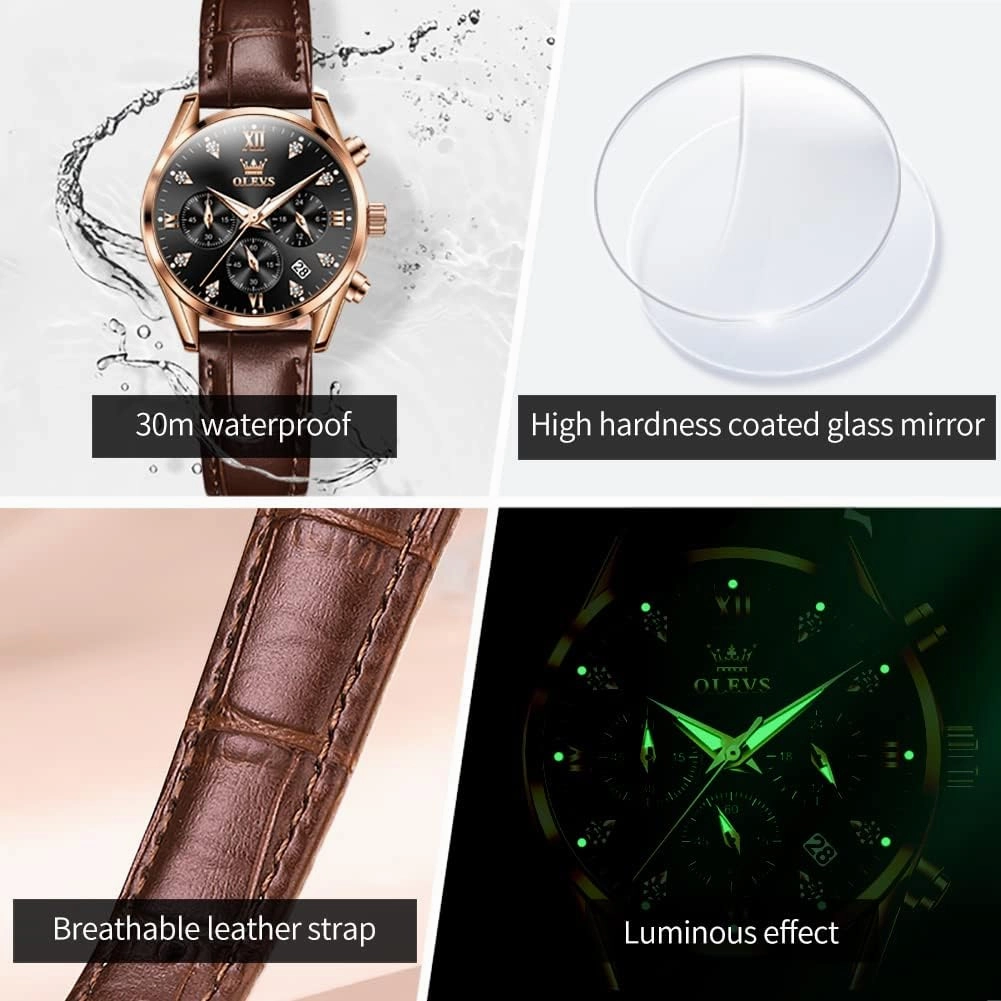 OLEVS Women's Watches Brown Leather Strap Analog Quartz Rose Gold Female Watches Multifunction Chronograph Diamond Waterproof Luminous Ladies