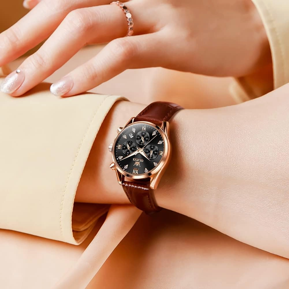 OLEVS Women's Watches Brown Leather Strap Analog Quartz Rose Gold Female Watches Multifunction Chronograph Diamond Waterproof Luminous Ladies