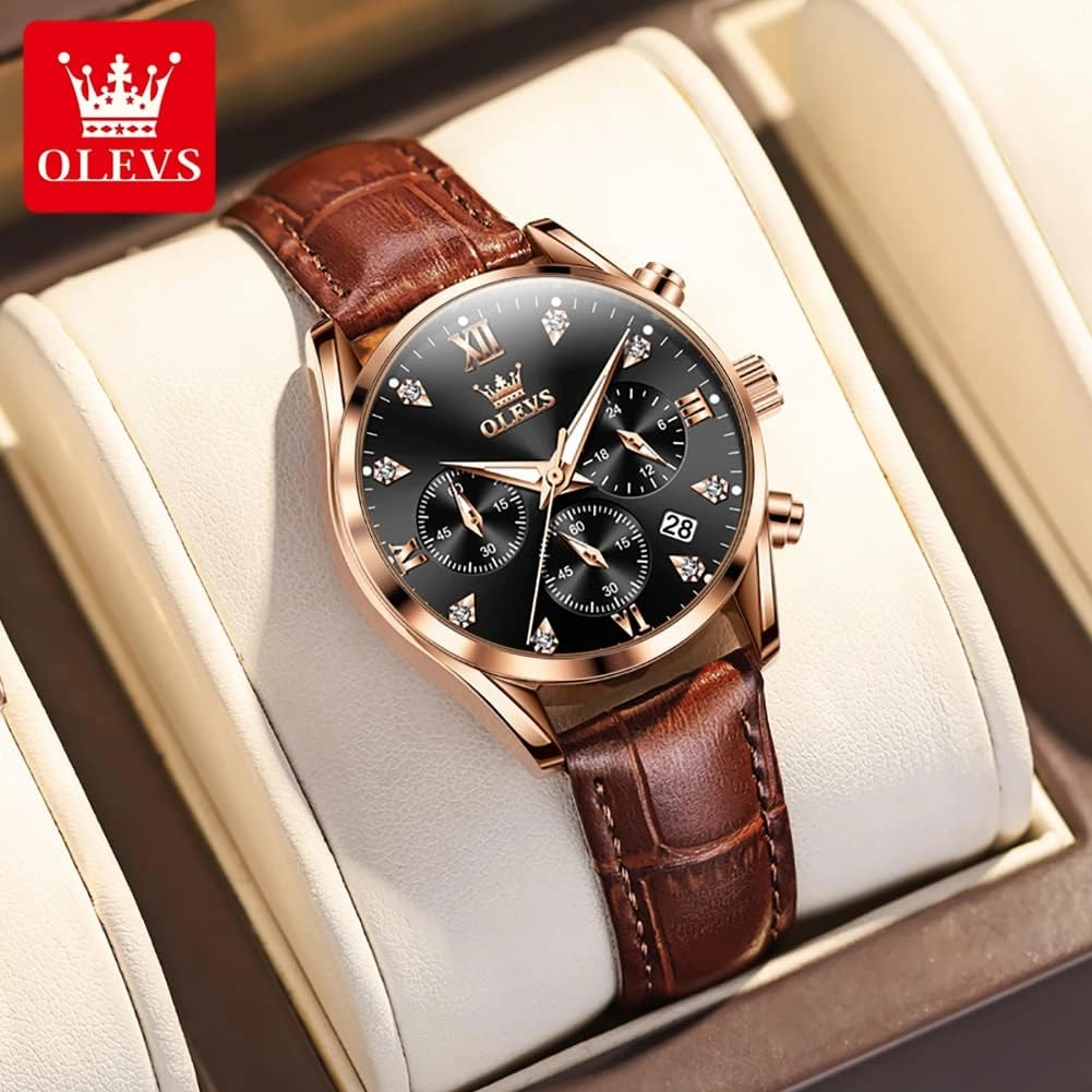 OLEVS Women's Watches Brown Leather Strap Analog Quartz Rose Gold Female Watches Multifunction Chronograph Diamond Waterproof Luminous Ladies