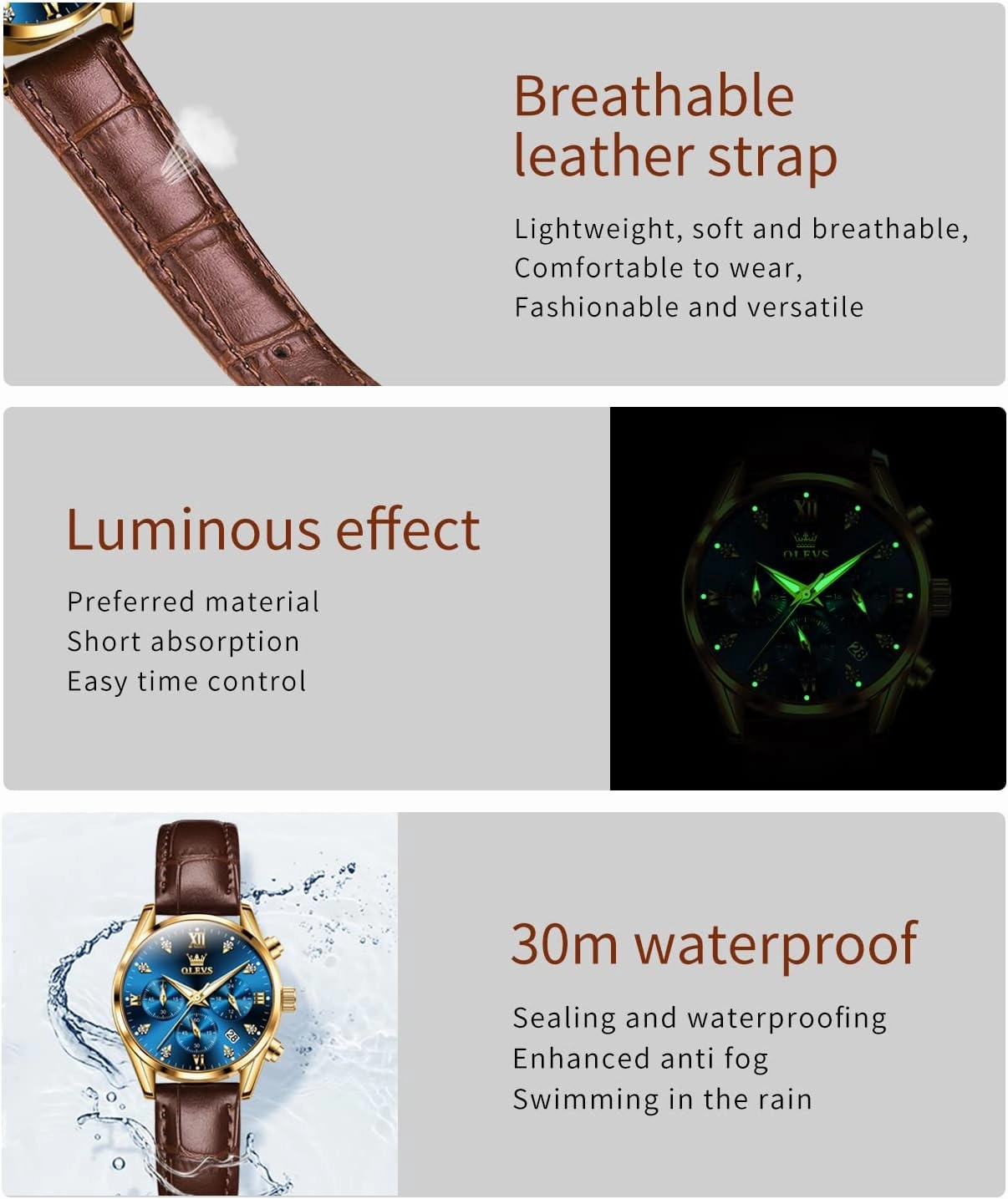 OLEVS Women Watch Brown Leather Straps Ladies Rose Gold Elegant Luxury Dress Chronograph Waterproof Wrist Watch Date Day