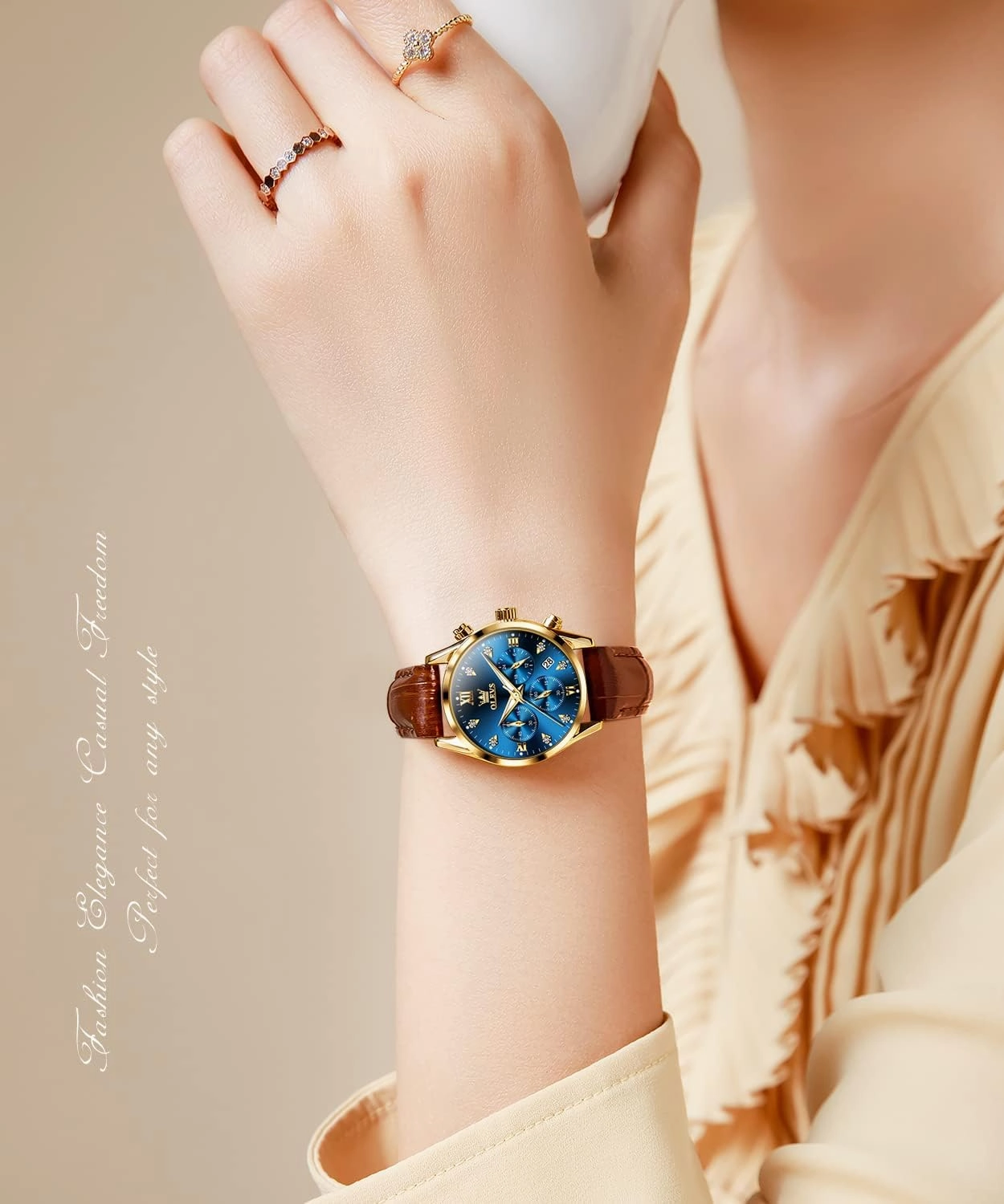 OLEVS Women Watch Brown Leather Straps Ladies Rose Gold Elegant Luxury Dress Chronograph Waterproof Wrist Watch Date Day
