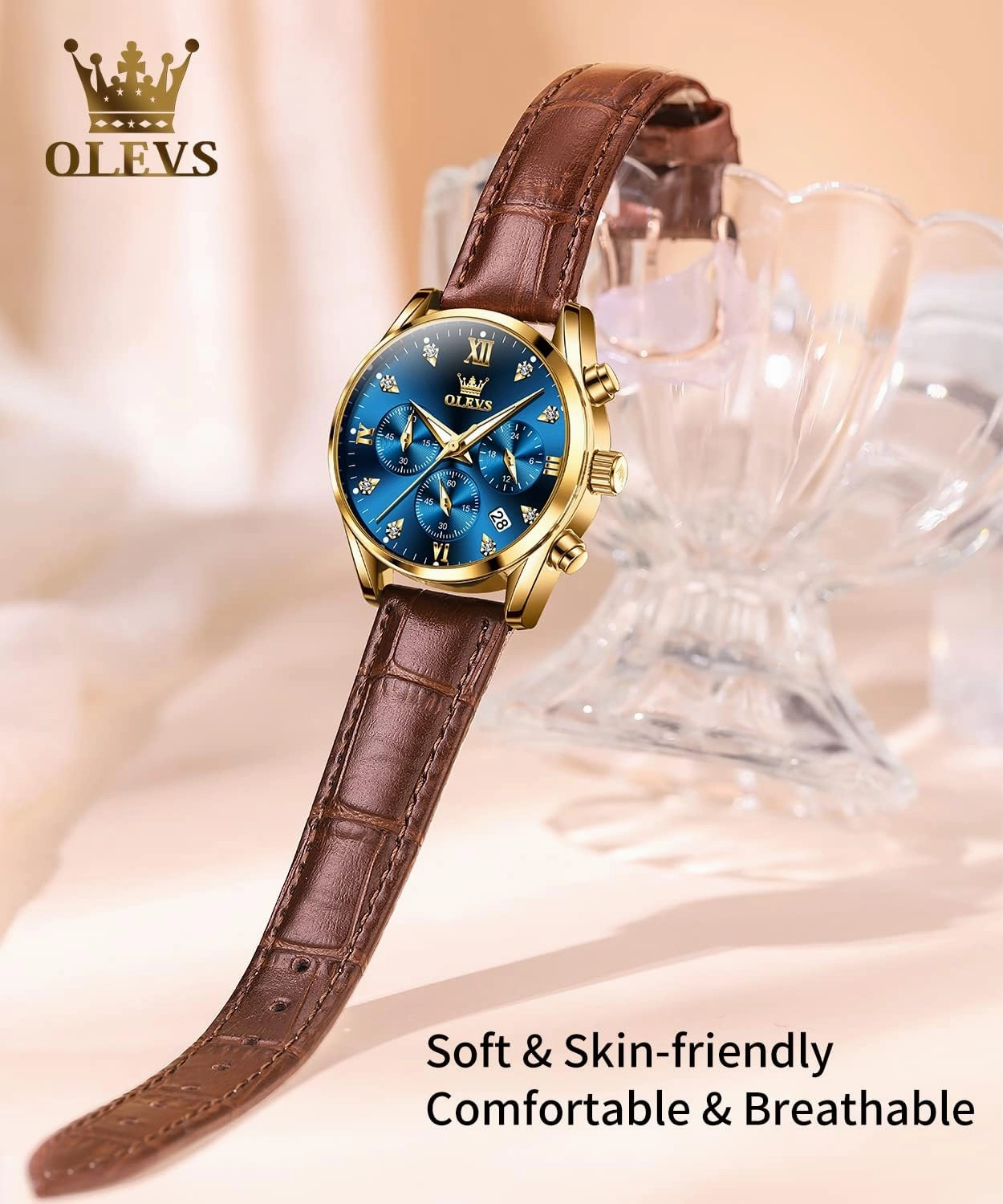 OLEVS Women Watch Brown Leather Straps Ladies Rose Gold Elegant Luxury Dress Chronograph Waterproof Wrist Watch Date Day