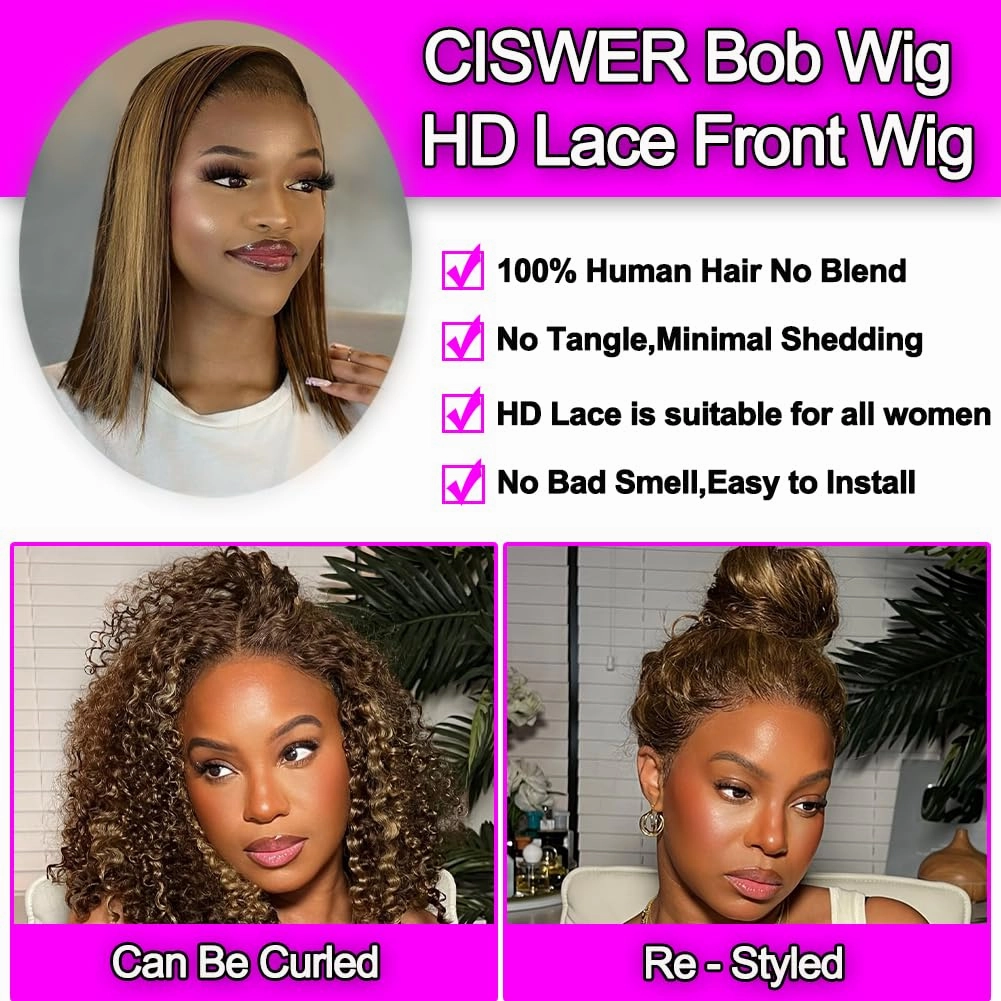 Omber Highlight Bob Wig Human Hair Straight 13x4 Lace Front Wig Human Hair Bob Wigs for Black Women Glueless 180 Density Blonde 4/27 12 Inch