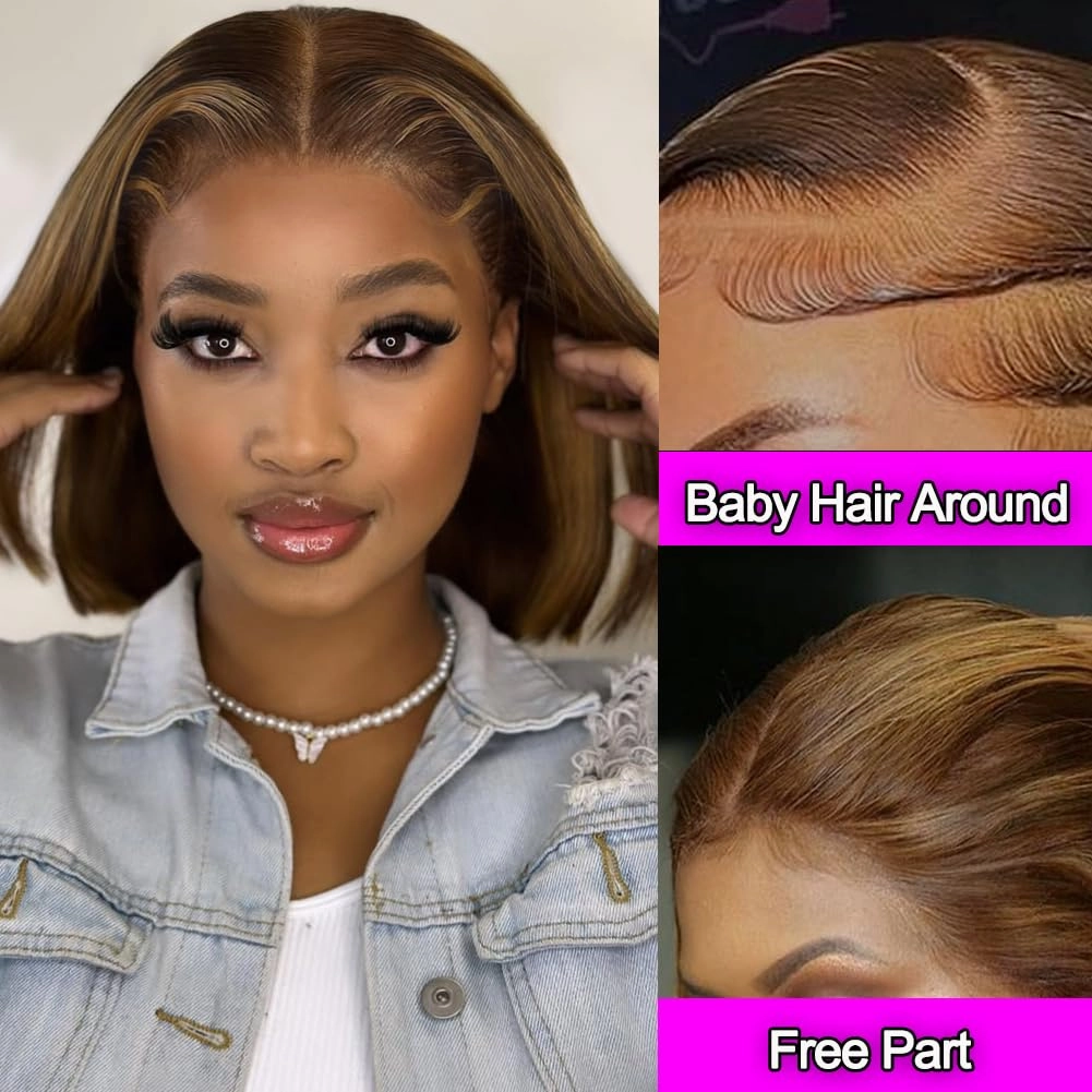 Omber Highlight Bob Wig Human Hair Straight 13x4 Lace Front Wig Human Hair Bob Wigs for Black Women Glueless 180 Density Blonde 4/27 12 Inch