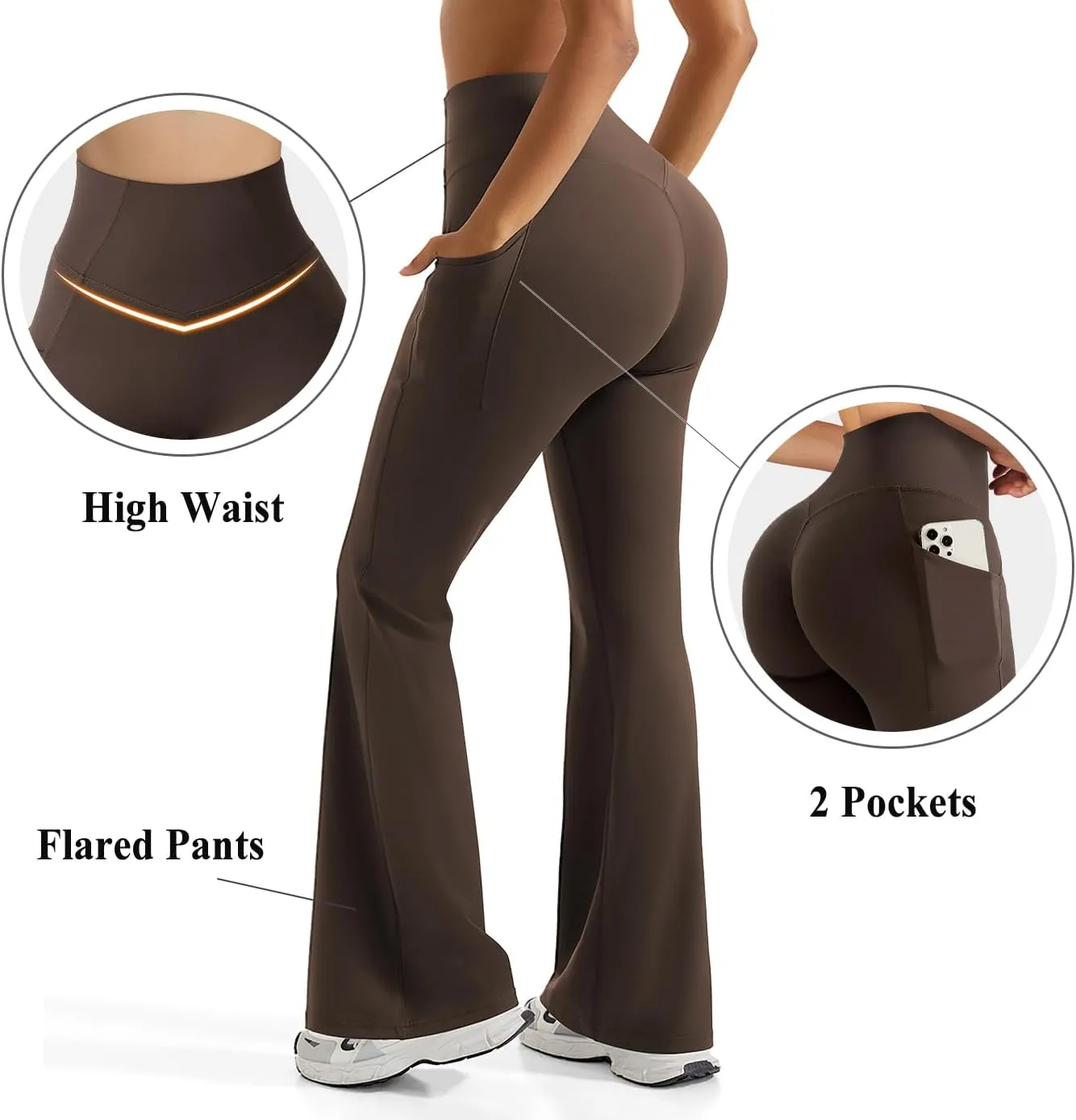 OMKAGI Women Flared Yoga Pants with Pockets Soft High Waisted Wide Leg Workout Leggings