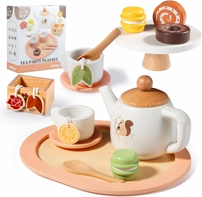 OMYBaby Wooden Tea Set for Little Girls, 19pcs Party Playset With Teapot, Cups, Dessert Stand, Macaroons, Cakes & Tray, Time Playset Pretend Play Kitchen Toys Gift for Girls & Toddlers 3Y 