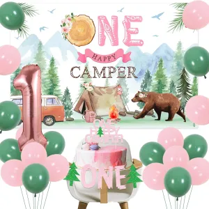 One Happy Camper 1st Birthday Decorations for Girls, Forest Camping First Birthday Balloons Happy Camper Backdrop Cake Topper Highchair Banner for One Year Old Bday Party Supplies