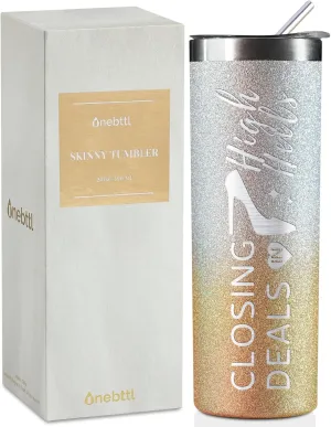 Onebttl Realtor Gifts for Women, Clossing Deals In High Heels, Funny Gifts for Real Estate Agent, Salesman, Boss, Coworkers, Employees, 20 Oz Stainless Steel Tumbler, Glitter Gold