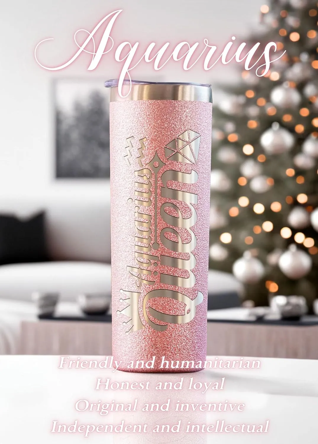 Onebttl Zodiac Gifts for Women, Best Friend Birthday Gifts for Her, 20oz Stainless Steel Tumbler, Engraved Logo Glitter Rose Gold, Aquarius