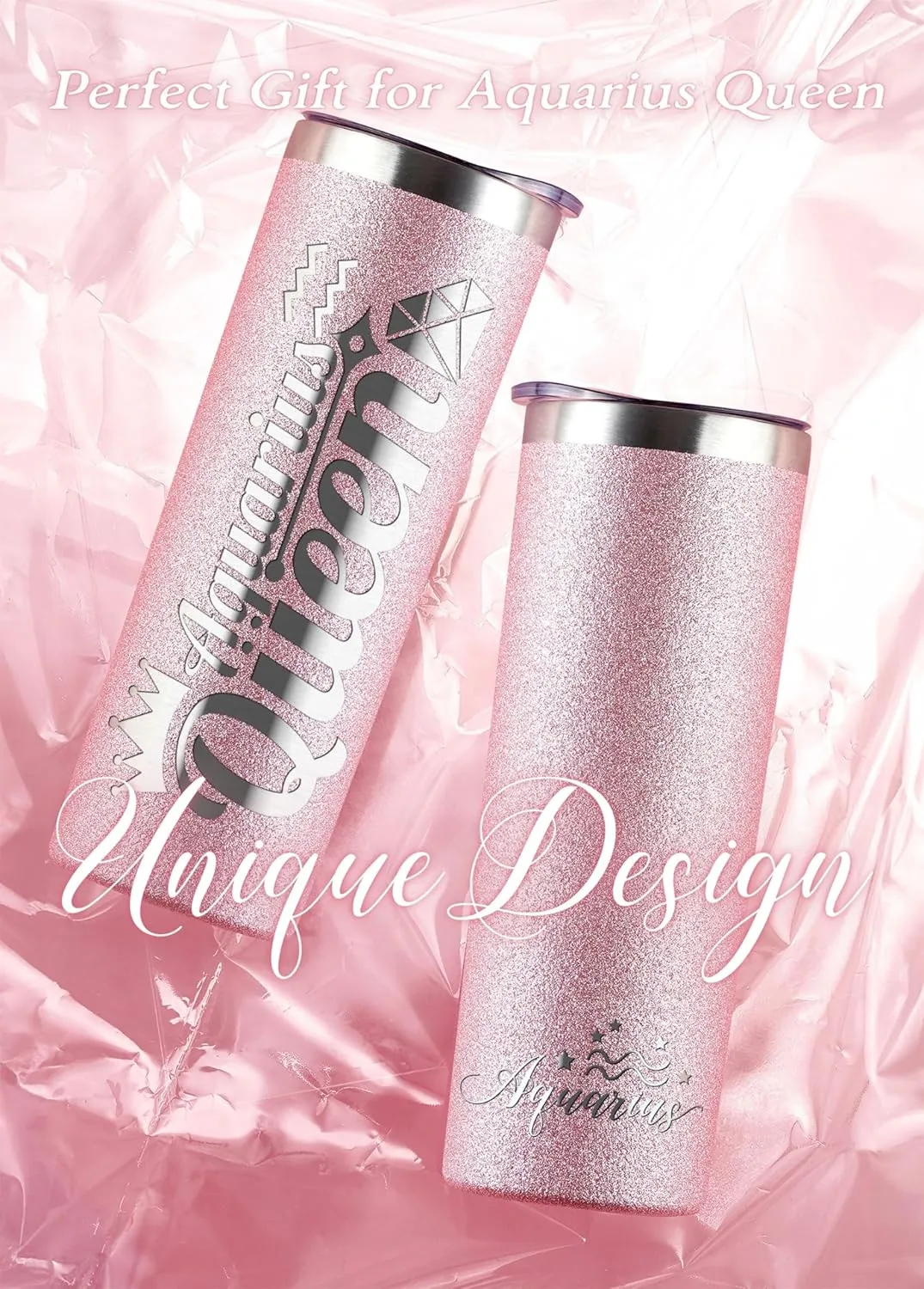 Onebttl Zodiac Gifts for Women, Best Friend Birthday Gifts for Her, 20oz Stainless Steel Tumbler, Engraved Logo Glitter Rose Gold, Aquarius