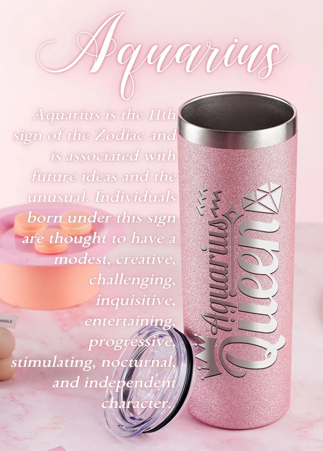 Onebttl Zodiac Gifts for Women, Best Friend Birthday Gifts for Her, 20oz Stainless Steel Tumbler, Engraved Logo Glitter Rose Gold, Aquarius