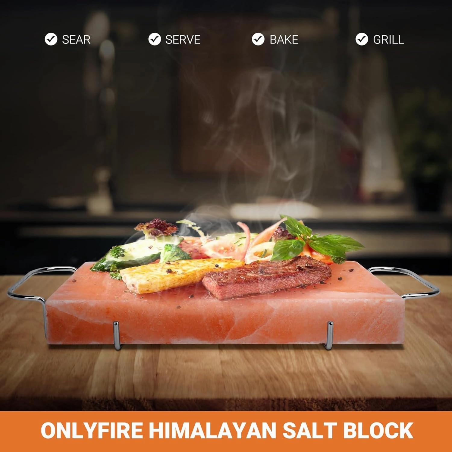 Onlyfire Himalayan Salt Block Cooking Plate with Steel Tray Set 12” x 8” x 1.5” for Cooking, Grilling, Cutting and Serving