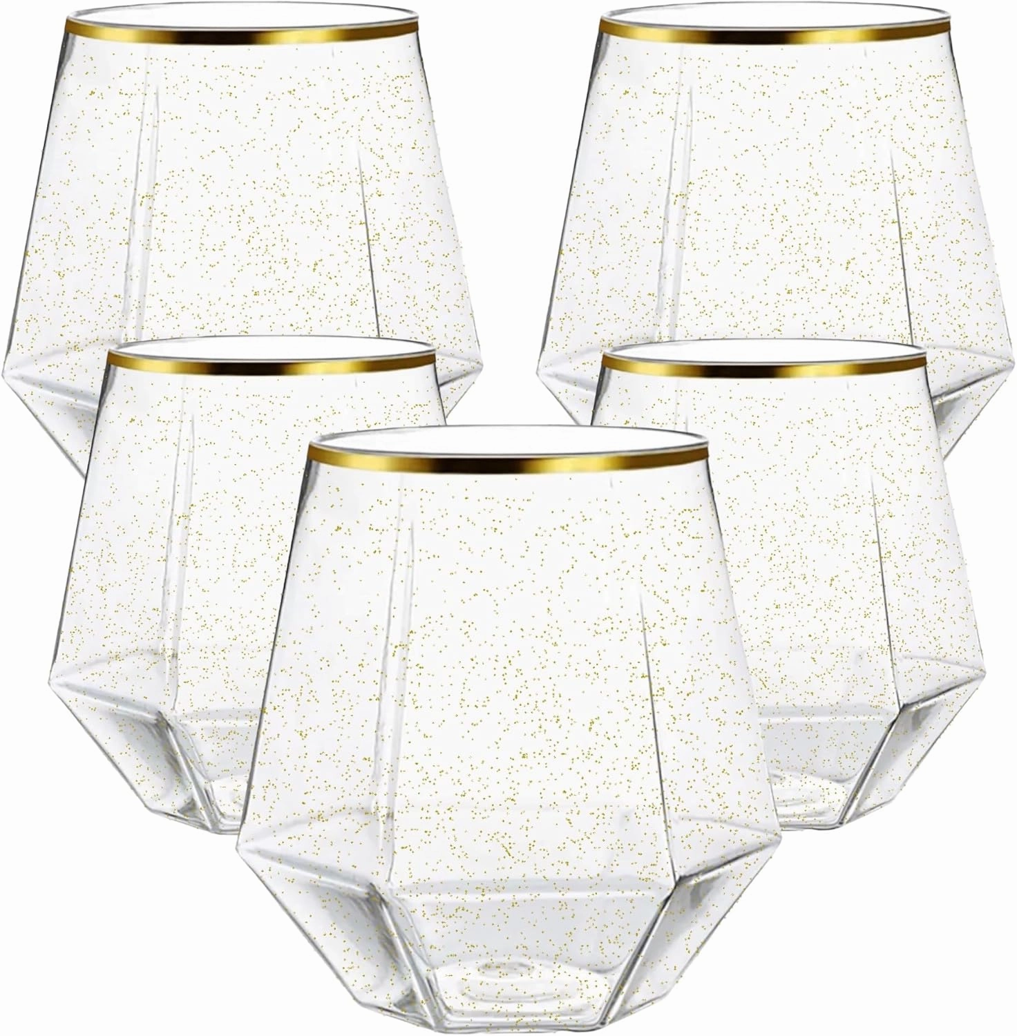 Oojami 40 count Diamond Unbreakable Stemless Plastic Wine Champagne Whiskey Glasses Durable Disposable Indoor Outdoor Ideal for Home Bars, Wedding 12 Ounce Cups (Gold Rim - Gold Glitter)