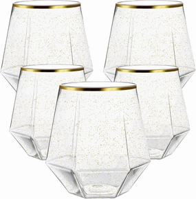 Oojami 40 count Diamond Unbreakable Stemless Plastic Wine Champagne Whiskey Glasses Durable Disposable Indoor Outdoor Ideal for Home Bars, Wedding 12 Ounce Cups (Gold Rim - Gold Glitter)