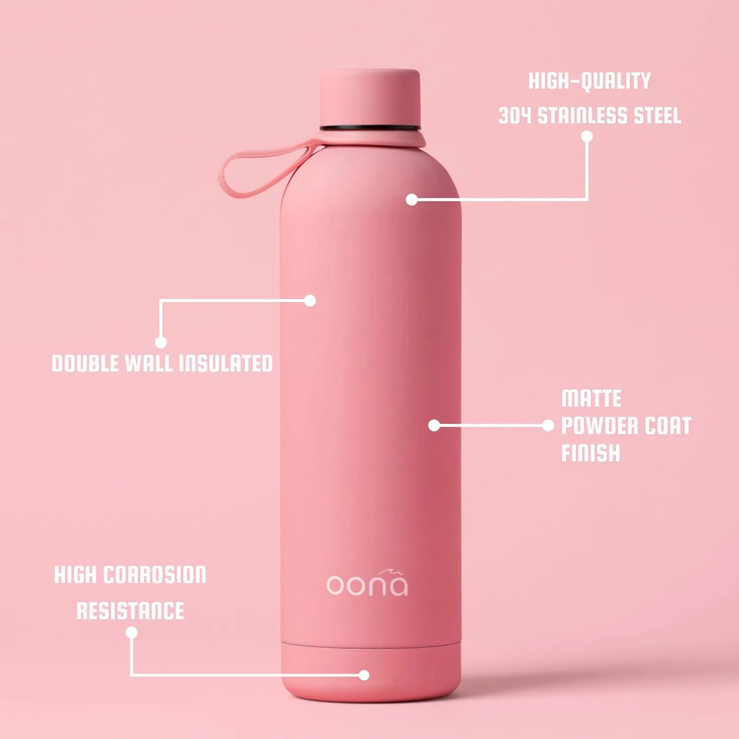 OONA Insulated Stainless Steel Water Bottle 25 oz, Leak-Proof, BPA-Free with Carrying Loop, Gym Water Bottle for Women, Keeps Drinks Hot or Cold for 12 Hours, Travel Friendly (Pink)