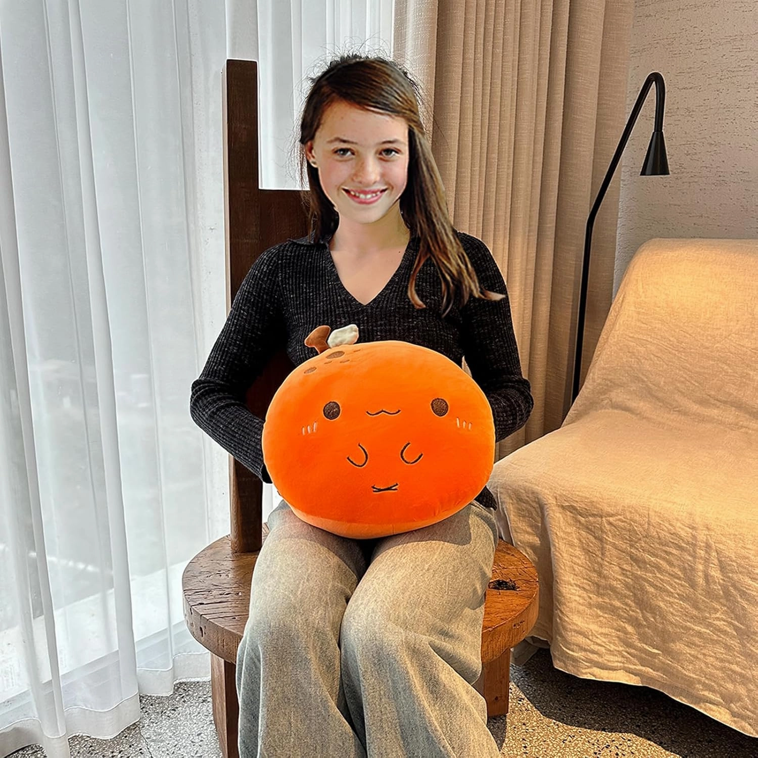 Orange Plush Pillow, Fruit Stuffed Animal, Food Plush Pillow with Hand Pocket, Gift for Kids Adults (12.9 * 12.2in)