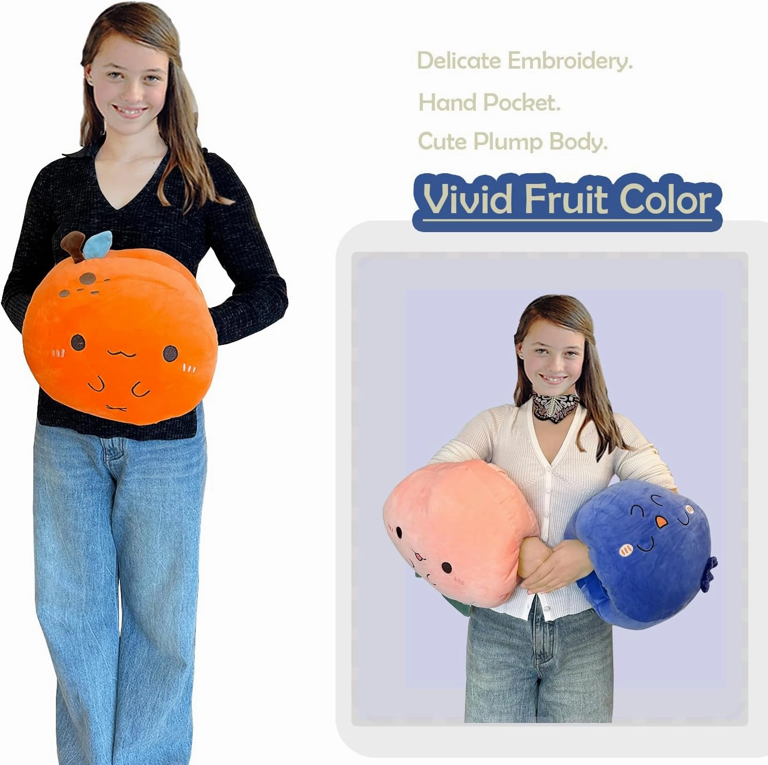 Orange Plush Pillow, Fruit Stuffed Animal, Food Plush Pillow with Hand Pocket, Gift for Kids Adults (12.9 * 12.2in)