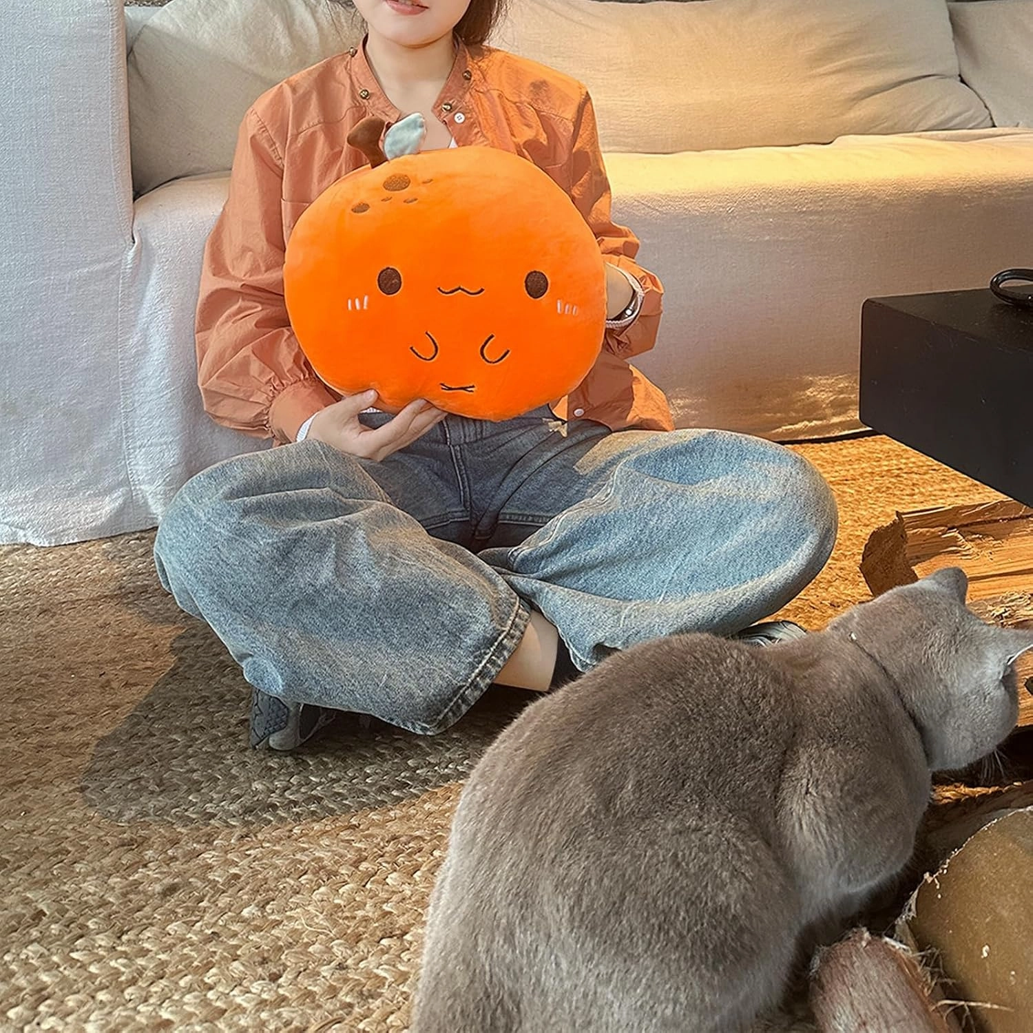 Orange Plush Pillow, Fruit Stuffed Animal, Food Plush Pillow with Hand Pocket, Gift for Kids Adults (12.9 * 12.2in)