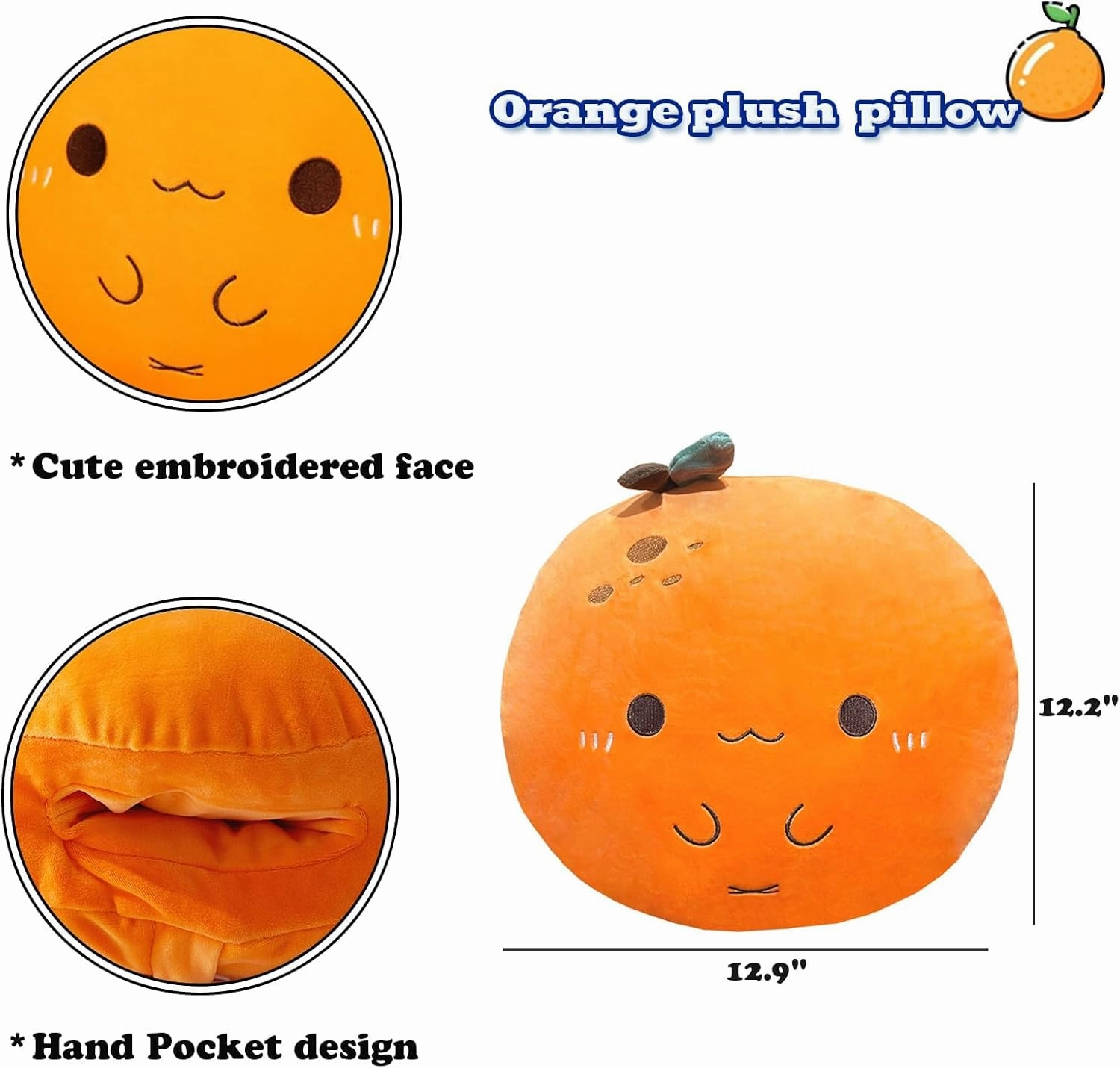 Orange Plush Pillow, Fruit Stuffed Animal, Food Plush Pillow with Hand Pocket, Gift for Kids Adults (12.9 * 12.2in)