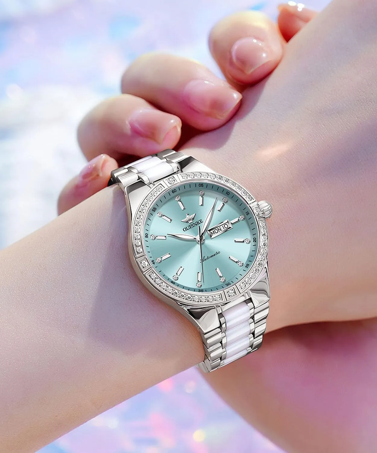 OUPINKE Women Automatic Watches Colorful Diamond Elegant Luxury Dress Ladies Rose Gold Mechanical Sapphire Crystal Wrist Watch