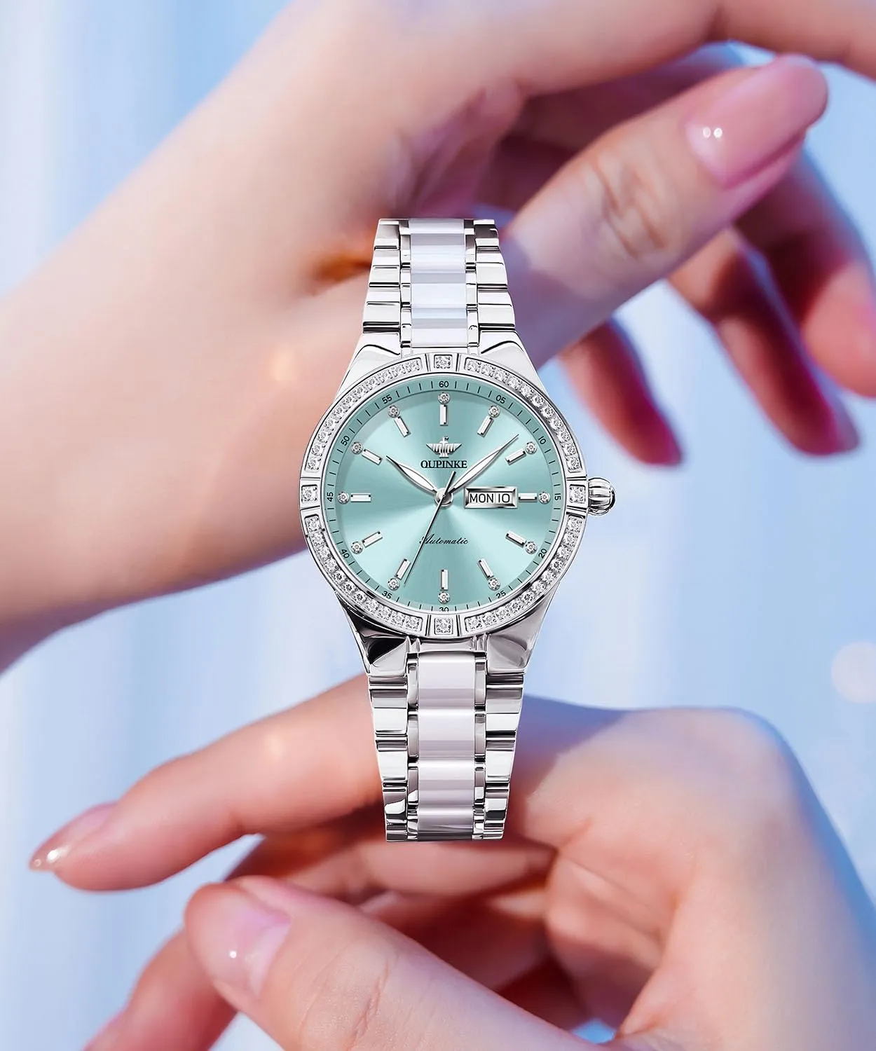 OUPINKE Women Automatic Watches Colorful Diamond Elegant Luxury Dress Ladies Rose Gold Mechanical Sapphire Crystal Wrist Watch