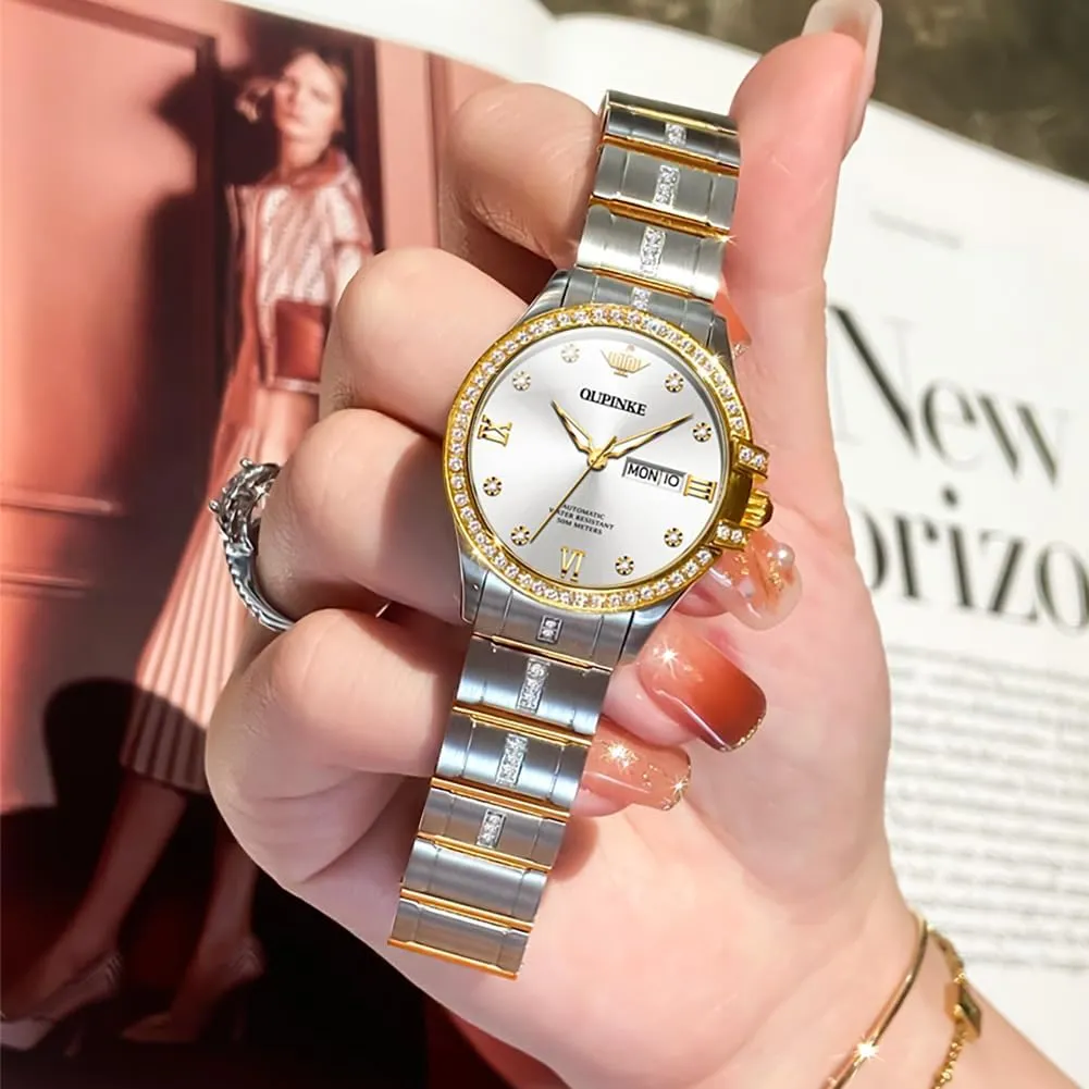 OUPINKE Womens Automatic Watches Diamond Elegant Dress Wrist Watch Skeleton Mechanical Self Winding Waterproof Luminous Ladies Gifts
