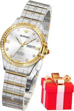 OUPINKE Womens Automatic Watches Diamond Elegant Dress Wrist Watch Skeleton Mechanical Self Winding Waterproof Luminous Ladies Gifts