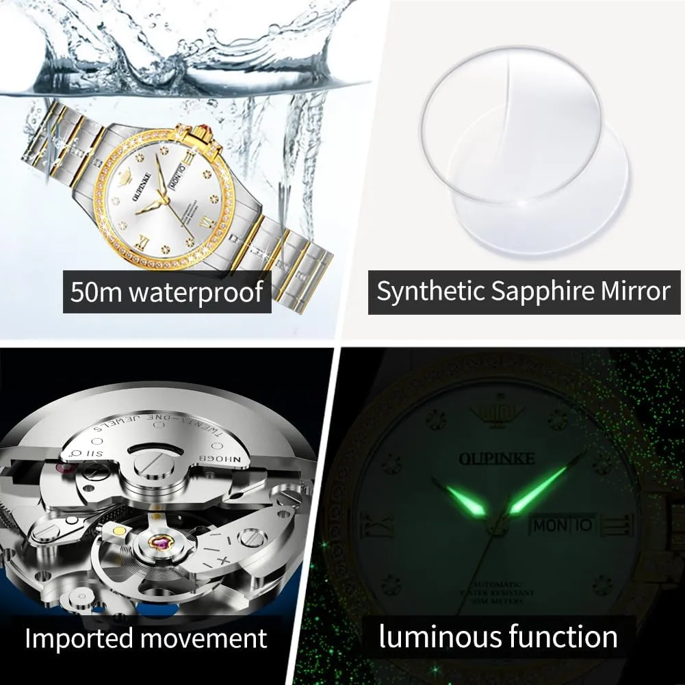 OUPINKE Womens Automatic Watches Diamond Elegant Dress Wrist Watch Skeleton Mechanical Self Winding Waterproof Luminous Ladies Gifts