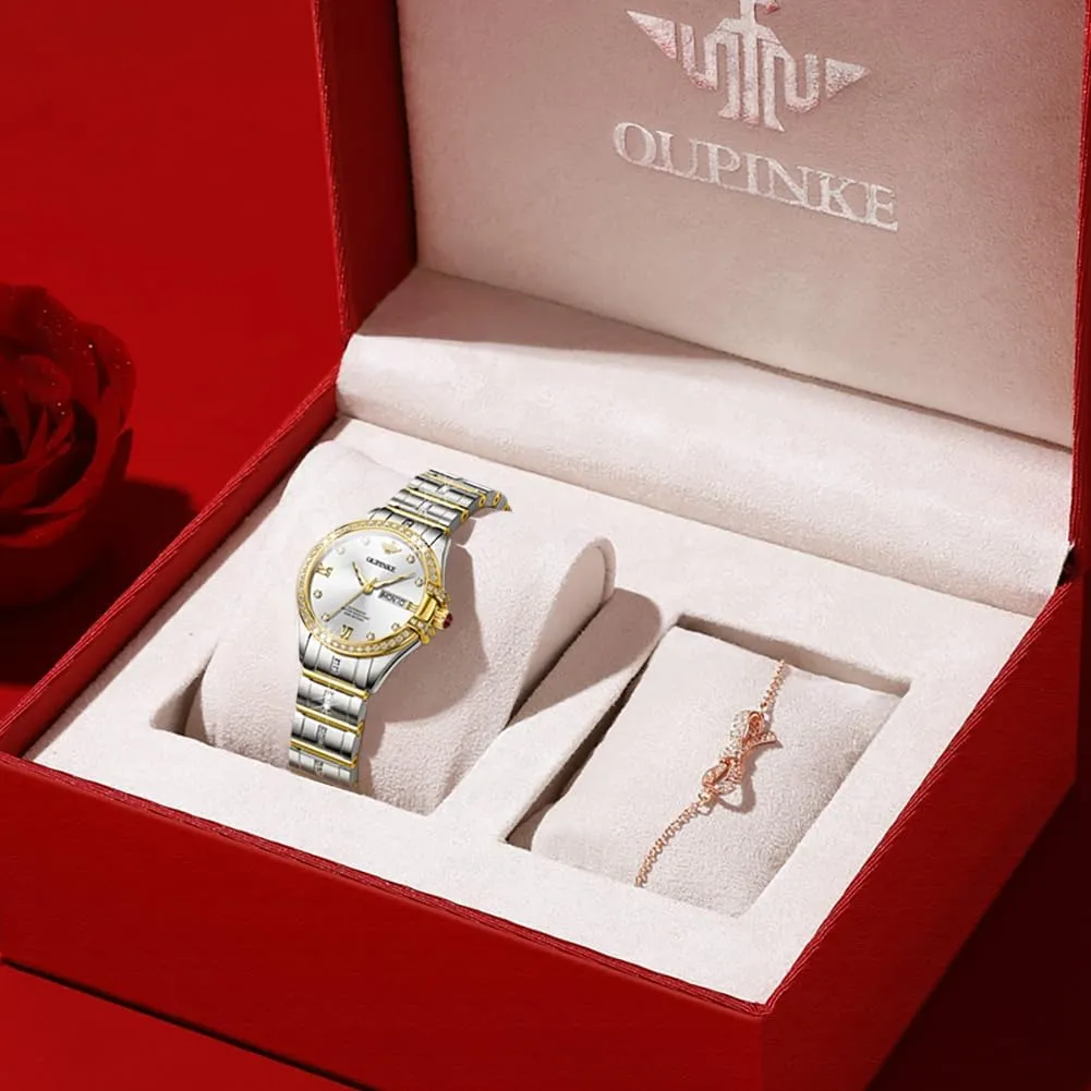 OUPINKE Womens Automatic Watches Diamond Elegant Dress Wrist Watch Skeleton Mechanical Self Winding Waterproof Luminous Ladies Gifts