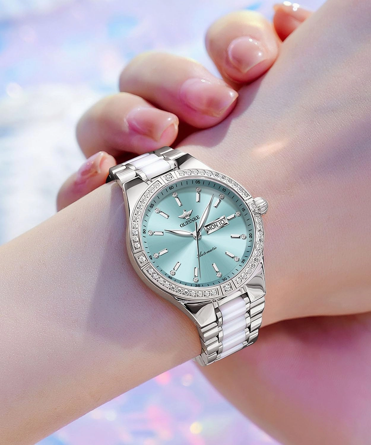 OUPINKE Women Automatic Watches Colorful Diamond Elegant Luxury Dress Ladies Rose Gold Mechanical Sapphire Crystal Wrist Watch