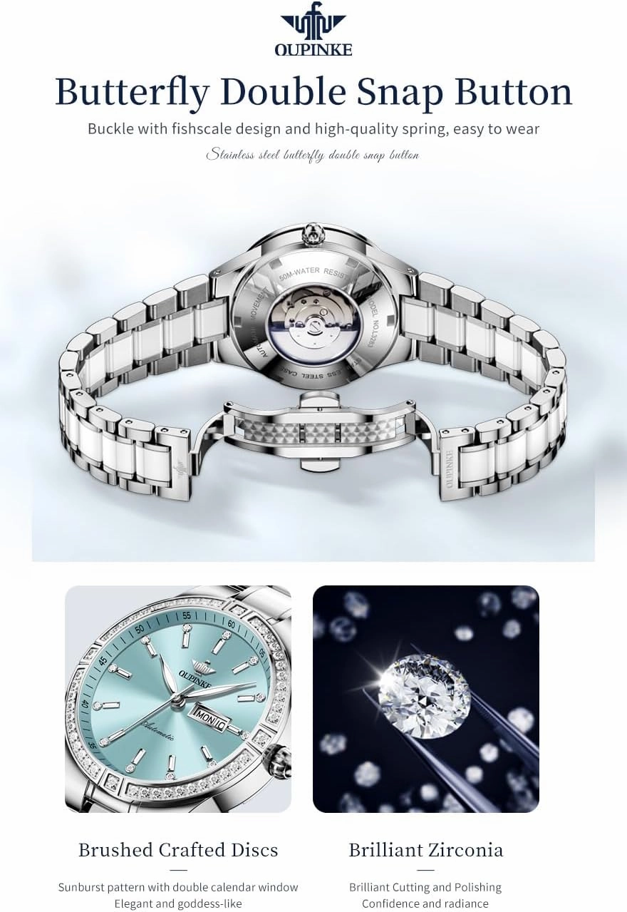 OUPINKE Women Automatic Watches Colorful Diamond Elegant Luxury Dress Ladies Rose Gold Mechanical Sapphire Crystal Wrist Watch