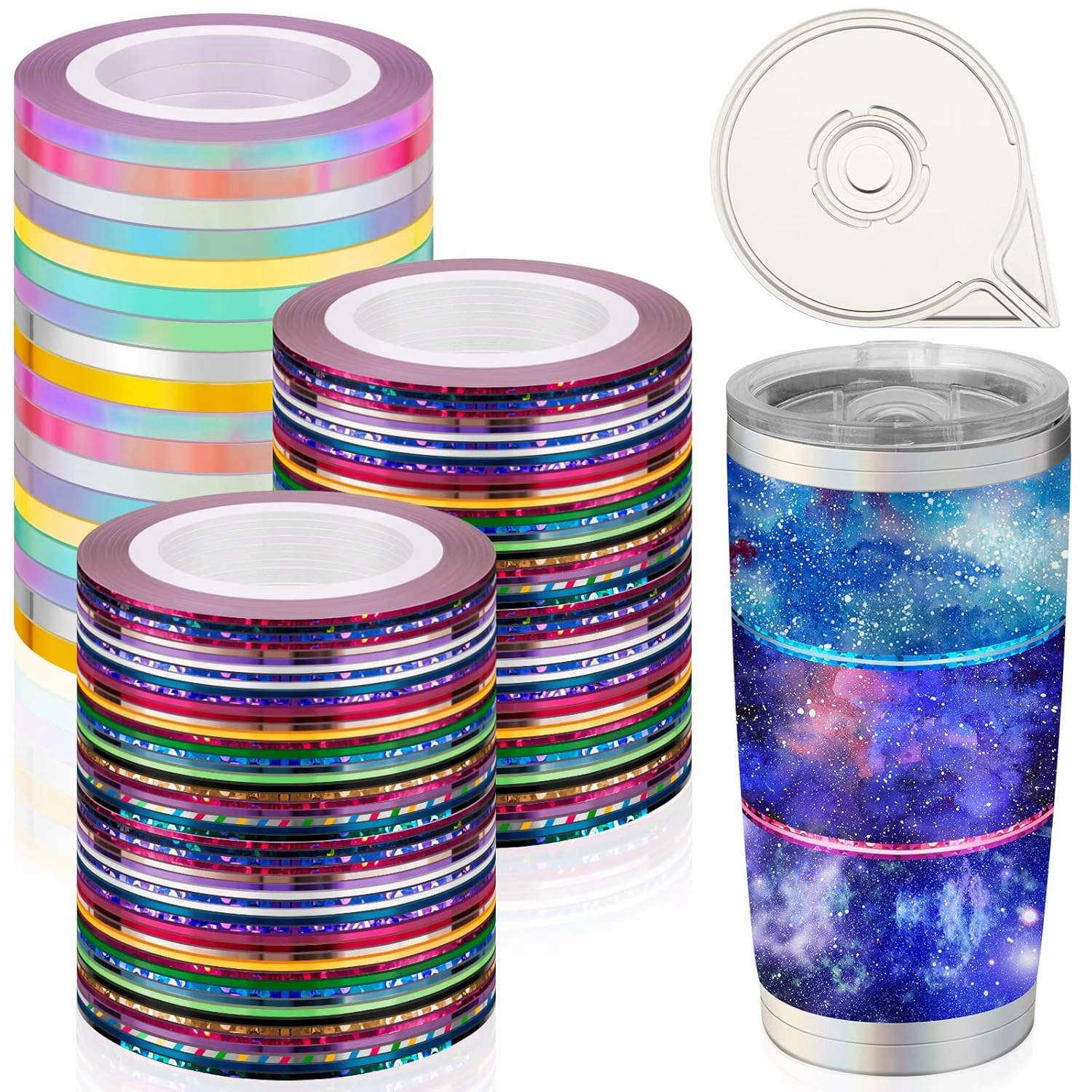 Outus 138 Rolls Striping Tape for Tumblers Nail Tape Lines Holographic Pinstripe Decals 1 mm 3 mm Self Adhesive Glitter Striping with Dispenser Case for DIY Tumblers Nail Decoration Craft