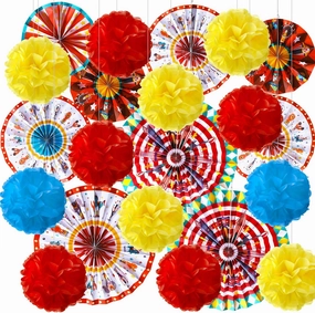 Outus 21 Pcs Carnival Party Decorations with Circus Hanging Paper Fans Red Yellow Blue Tissue Flower Honeycomb Balls for Ceiling Wall Carnival Circus Birthday Baby Shower Party Favor Supplies(Flower)