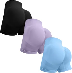 OVESPORT 3 Piece Workout Shorts for Women Seamless Scrunch Butt Lifting High Waisted Yoga Gym Booty Running Short Pants