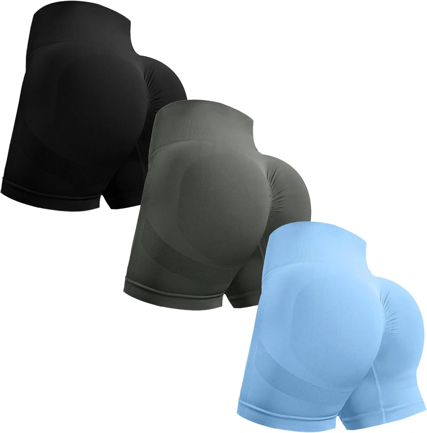 OVESPORT 3 Piece Workout Shorts for Women Seamless Scrunch Butt Lifting High Waisted Yoga Gym Booty Running Short Pants