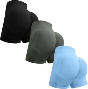 OVESPORT 3 Piece Workout Shorts for Women Seamless Scrunch Butt Lifting High Waisted Yoga Gym Booty Running Short Pants