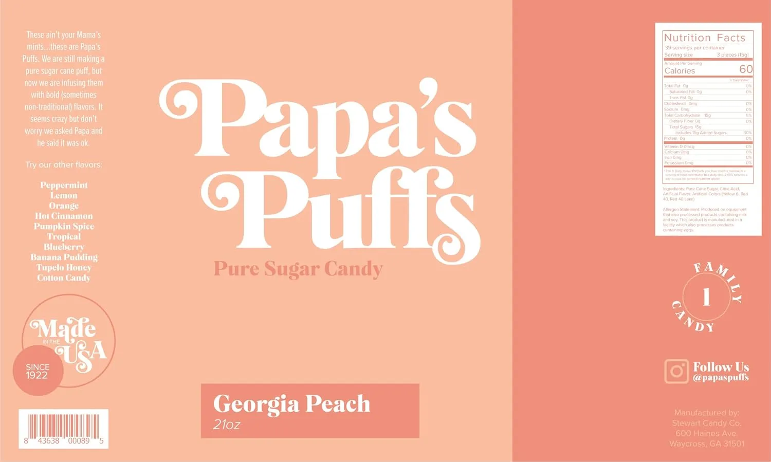 Papa's Puffs Georgia Peach Flavored Pure Sugar Candy - Individually Wrapped in Resealable Tub - Fat-Free, Gluten-Free, Cholesterol-Free - Manufactured in the USA